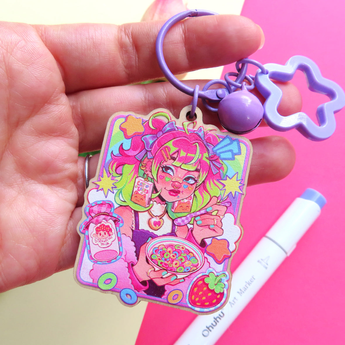 Strawberry milk \\ Wood Keychain