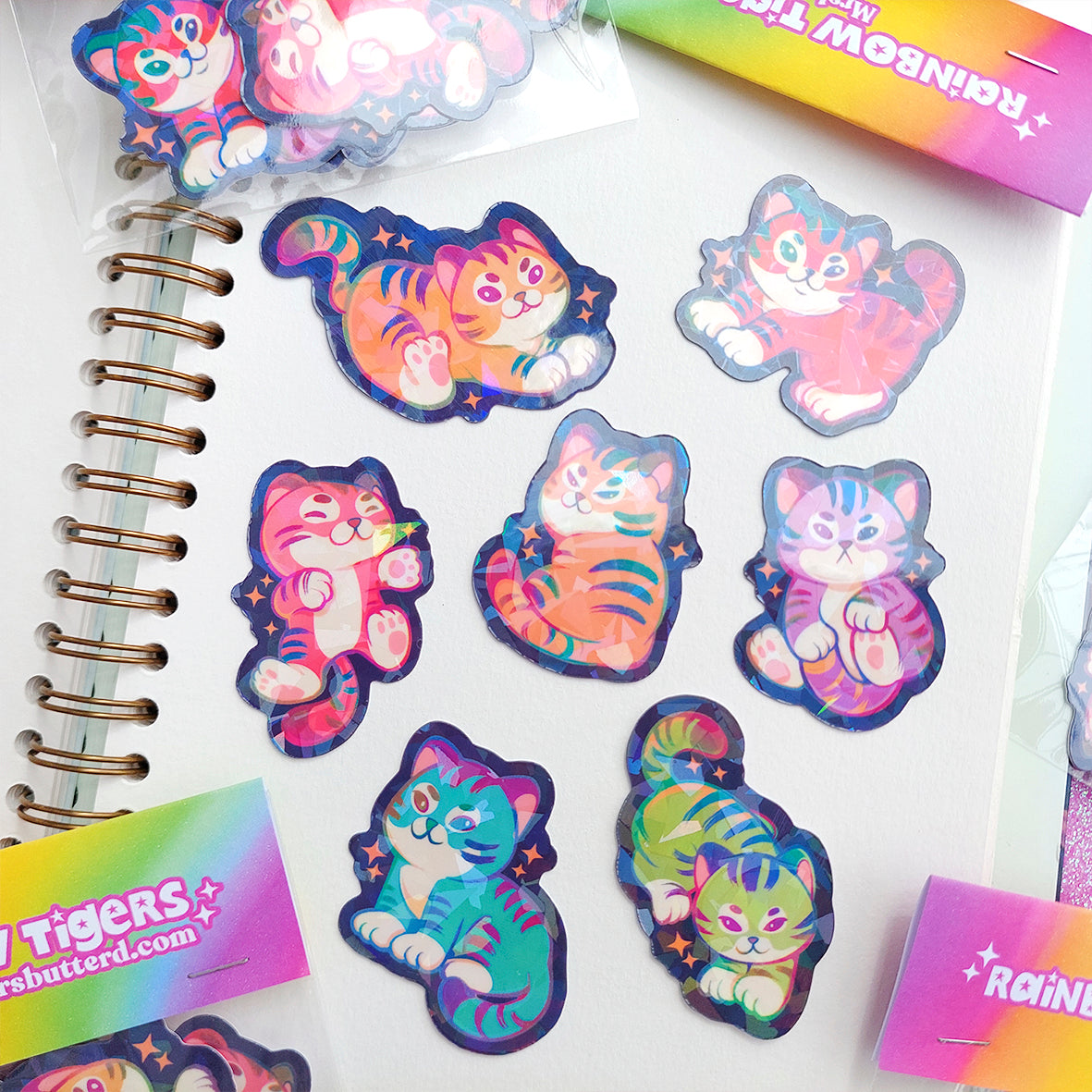 Rainbow Tigers \\ Holographic Vinyl Sticker pack
