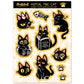 Sheet of black cat stickers with various poses and accessories on a decorative background.