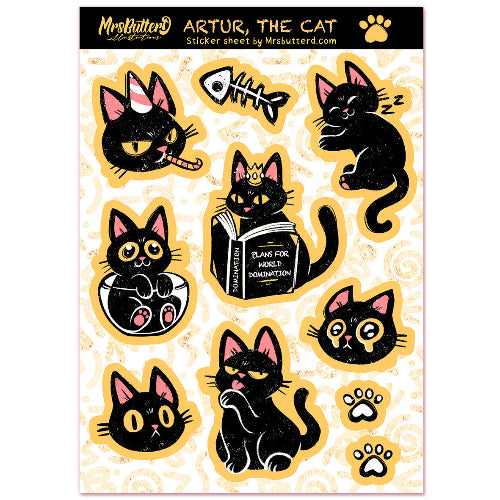 Sheet of black cat stickers with various poses and accessories on a decorative background.
