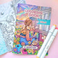 Coloring book with a girl by a window and two markers on a pink background