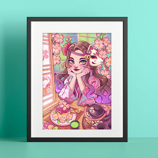 A framed art print featuring a colorful anime-style illustration of a girl in a pink kimono with a fox character, displayed against a mint green background.