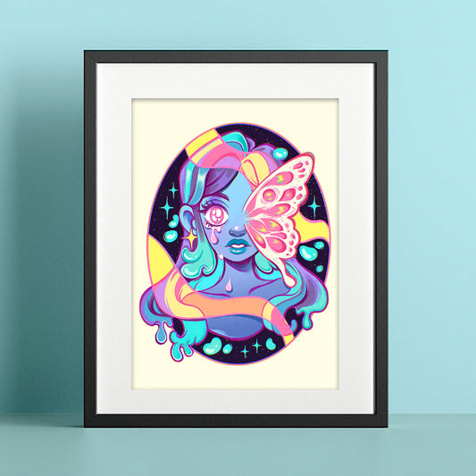Framed artwork of a colorful character with butterfly wings on a light blue background