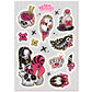 Sheet of stickers with cartoon character and various designs on a white background