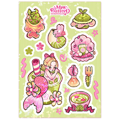 Sakura Matcha Mermaid \\ Vinyl Holographic Sticker sheet