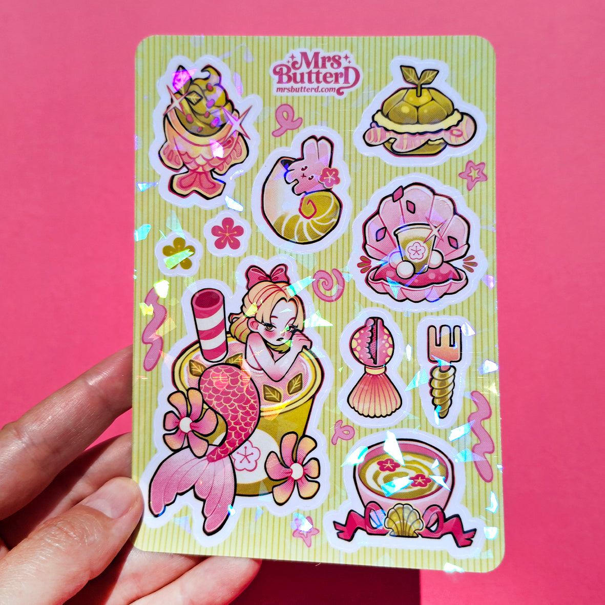 Sakura Matcha Mermaid \\ Vinyl Holographic Sticker sheet