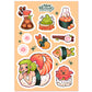Set of cartoon-style stickers featuring food items and characters on a wooden background.