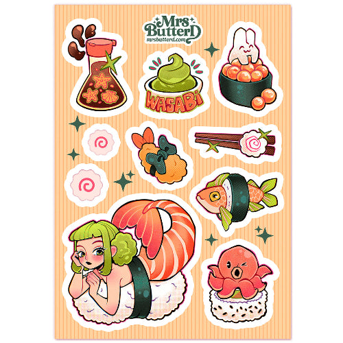 Set of cartoon-style stickers featuring food items and characters on a wooden background.